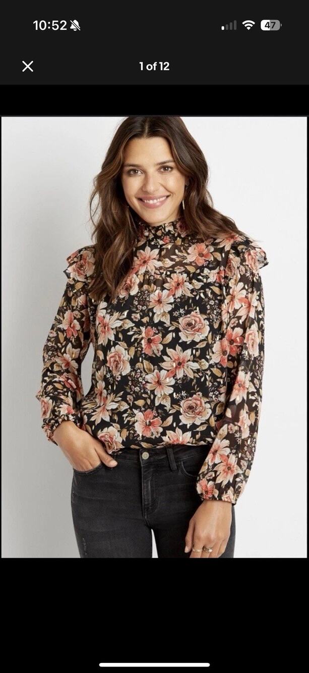 Maurices Womens Balloon Sleeve Floral Mock Neck Ruffle Sheer Blouse Top Sz 1X